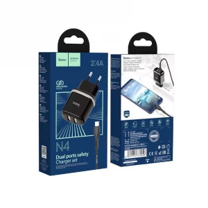 Chargeur Hoco 12W (2.4A) 2x USB + Câble Type C N4 - Noir